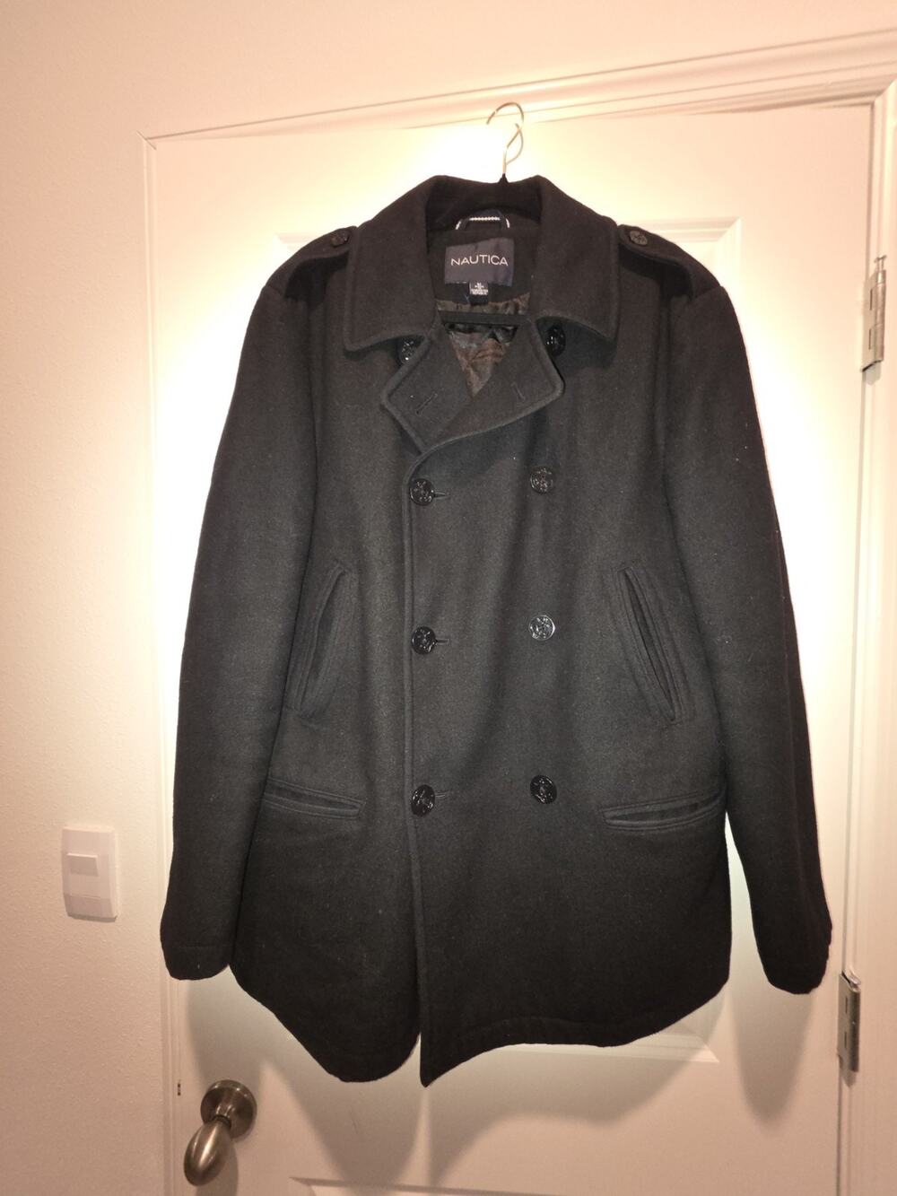 NAUTICA Men's Classic Double-Breasted Peacoat Coat Quilted Lining Black Sz M